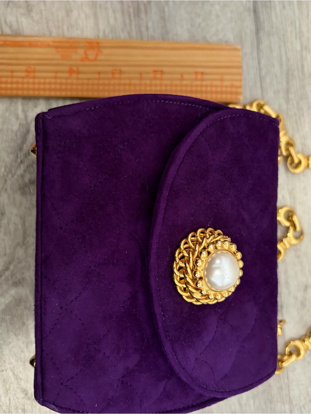 Henri Bendel Purple Velvet Mini Evening Bag Pearl Gold Leather Made In Italy - Picture 13 of 14